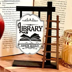 Vintage Wooden Library Sign, Elegant Shelf Design, Mini Desktop Decor, English Text, Home and Office, Desk Accessories, Book Decoration