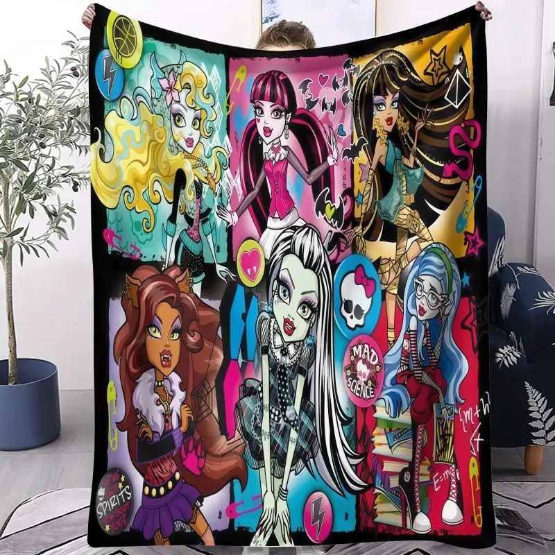 Monster High Ghouls Collage Flannel Blanket - 2000s Retro Cartoon Scene Throw, Dark Gothic Cute Character Design, Soft Durable Comfort, Aesthetic Room Decor for Nostalgia Child & Adult Fans, Versatile Monsterhigh Textile