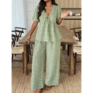 2025 Summer Women'S Cross-Border Gingham Blouse And Wide-Leg Pants Set, Casual Temperament Loose High-Waist Trousers