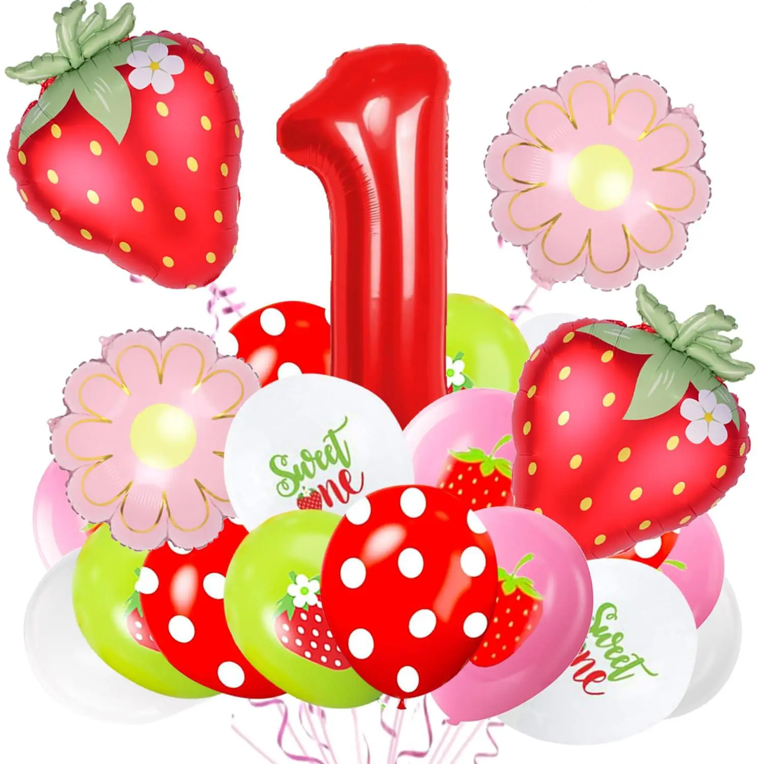 25 Pcs Strawberry Balloons, Berry First Birthday Decor, Sweet 1St Birthday Decorations For Girl With 40 Inch Red Number 1 Foil Balloon, Strawberry Party Supplies