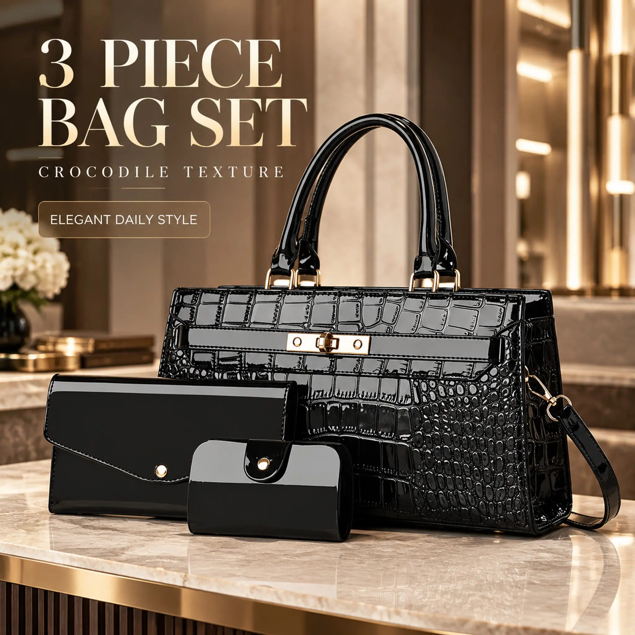 Women’s Elegant Crocodile Pattern 3-Piece Handbag Set, Mother and Daughter Style, Large-Capacity Simple Versatile Shoulder-Crossbody Design, Bags for Women, Daily Use Bags, Ideal Gift for Girlfriends