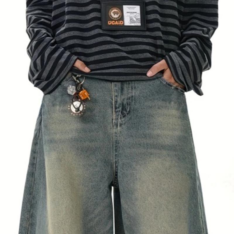 Clean Gent Vintage Washed Jeans Men's Loose Fit Wide Leg Denim Pants American Street Style Casual Trendy All Season Apparel
