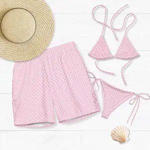 Polka Dot Matching Couples Swimsuits for Honeymoon, Beach Vacation & Anniversary. Pastel Pink Bikini Separates.