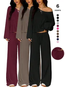 Women's Multi-Pack Loungewear Set, Off-Shoulder Long Sleeve Crop Top & Wide Leg Pants, High-Waisted Fitted Design, Spring/fall Season