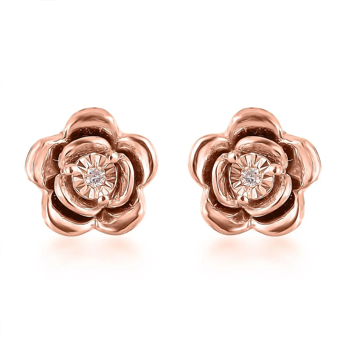 D'Joy Natural Pink Diamond Accent Earrings, Rose Studs, Flower Earrings, Rose Earrings, Sterling Silver Earrings, Floral Earrings in Vermeil RG Over Sterling Silver