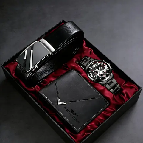 Men's Fashion Quartz Watch Set with Wallet and Belt, High-End Gift Box Included, Men Accessories, Perfect for Business Casual Daily Wear