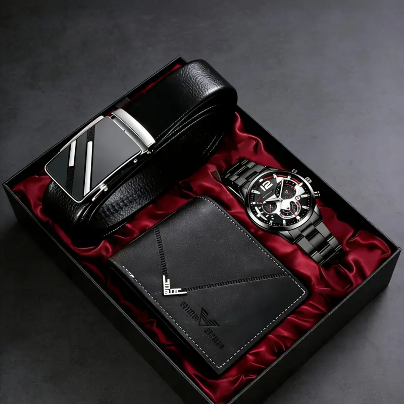Men's Fashion Quartz Watch Set with Wallet and Belt, High-End Gift Box Included, Men Accessories, Perfect for Business Casual Daily Wear