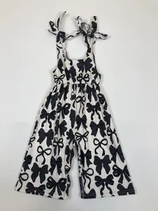 SR2524-Adorable Black Bow Design! Beige Sling toddler Jumpsuit for Effortless Cuteness Girls Clothes