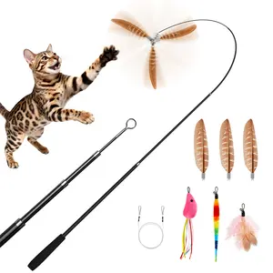 Potaroma Retractable Cat Wand, Lightweight Carbon Fiber Feather Teaser with Bell, 6 Detachable Replaceable Feather Attachments, 58” Extendable Indoor Interactive Kitten Play Toy