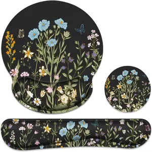 Ergonomic Mouse Pad with Wrist Rest and Keyboard Wrist Rest, Memory Foam Wrist Rest for Computer Keyboard, Easy Typing, Pain Relief, Black Mouse Pad Wrist Support for Gaming,Office, Laptop, Floral