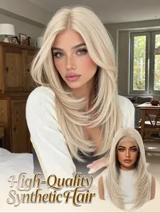 13x6 HD Lace Wig 22" Straight Layered | Platinum Blonde Heat Resistant Synthetic Wig, Breathable Cap Natural Looking Wigs