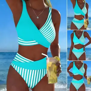 Women High Cut Color Block Bikini Set with Cross Back Design Push Up Padded Swimsuit for Beach Pool Vacation Summer Swimwear Trendy Fashionable Two Piece Outfit