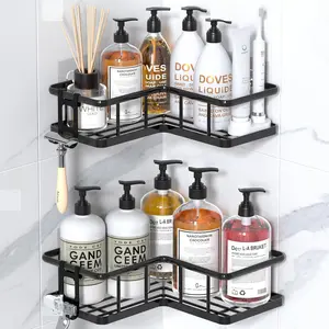 Shower Caddy Corner, 2-Pack Adhesive Rustproof Stainless Steel Shower Shelves with Soap Holder, No Drilling Shower Organizer Corner for Dorm, Renters Bathroom Black
