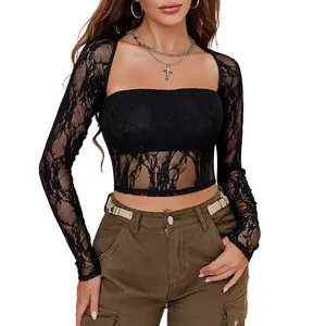 Avidlove Women's Mesh Lace Long Sleeve Crop Top Square Neck Breathable Party Attire Classy 2 Piece Outfits