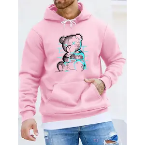 Men's Casual Printed Hoodie with Teddy Bear Design - 100% Polyester Knit Fabric with Slight Stretch, Regular Fit, Hooded Collar Style, Solid Color with Graphic Print, Casual Long Sleeve Pullover Pink Menswear Sweatshirts Tops
