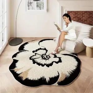 Floral Area Rugs -, Soft, washable French cushion for living room and bedroom decor, round irregular shape with white flowers on black background, machine washable polyester, living room decor | Floral Area Cushion, Floral Pattern Rug