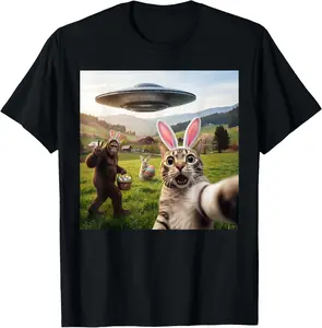 Funny Cat Selfie with Easter Bunny Bigfoot UFO for Men Women T-Shirt