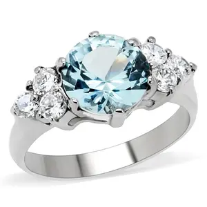 212 MAIN Women's High-Polished Stainless Steel 3-Stone Ring - Round Cut London Blue Synthetic Gem Silver Statement Ring, Size 6, Three Stone Ring, Round Cut Rings