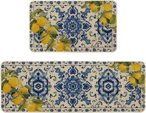Blue Floral Lemons Spring Kitchen Mats Set of 2, Home Decor Low-Profile Kitchen Rugs for Floor - 17X29 and 17X47 Inch