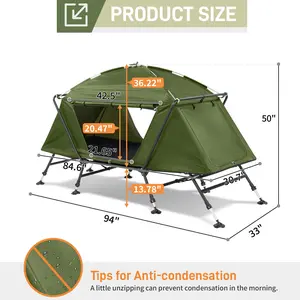 84.6 * 34.5 * 49.2-inch military green with outer tent storage bag, adjustable foot iron bracket, camping tent with marching bed
