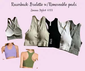 Ribbed Padded Cropped Racerback Tank Top bralette Brami by Zenana 6133, Stretchy Comfy removeable pads, many colors, Fits up to 40DD, Trendy Chic