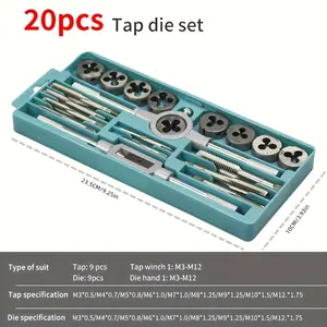 20pcs Alloy Steel, Tap and Die Set, Metric Standard Tap and Die, Thread Tool, Essential Threading Home Tool Cutting Threads for Cutting External and Internal Threads