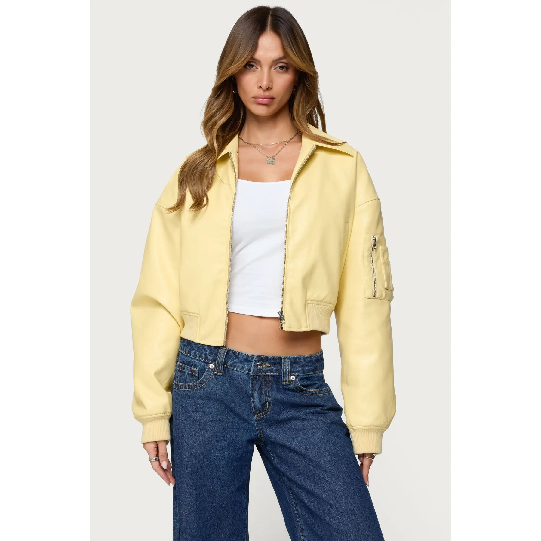 Zayna Cropped Faux Leather Bomber Jacket Zayna Cropped Faux Leather Bomber Jacket