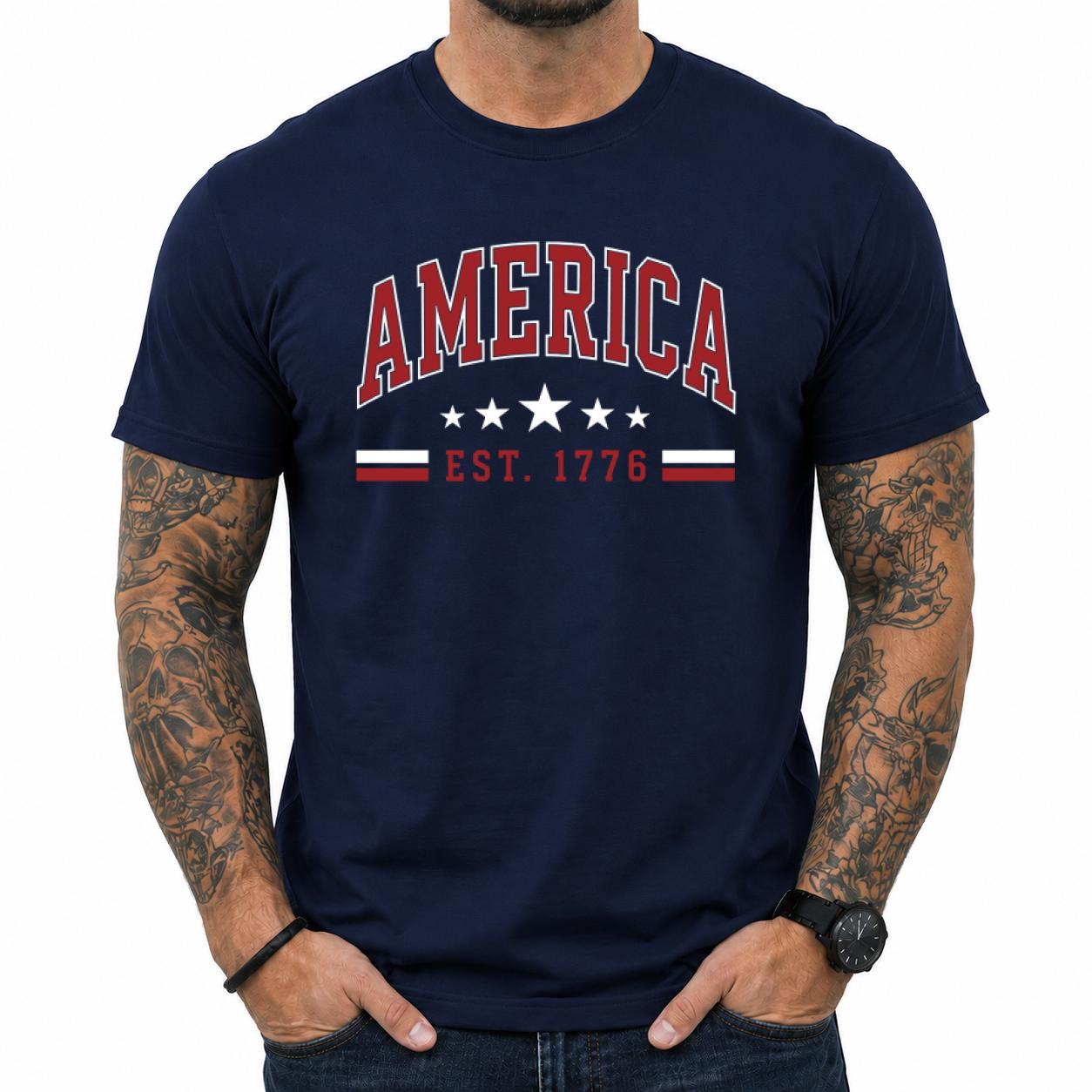 Vintage America Est 1776 Varsity T-Shirt, Retro 4th Of July Independence Day Casual Streetwear Unisex Top
