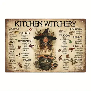 Decor Vintage Metal Sign, Featuring Kitchen Witchery Health with Ingredients Like Allspice, Cinnamon, Angelica, Coriander, Poppy Seed, And Chamomile. Perfect Wall Art for Home, Farmhouse, Living Room, Bar, Pub, Or Club
