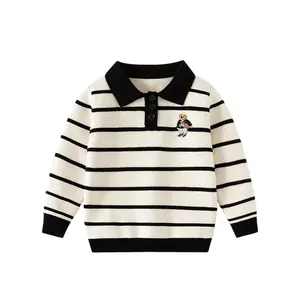 Boys Sweater Children's Autumn and Winter Long Sleeve T-shirt Striped Turn-down Collar Shirt Korean Style Casual New