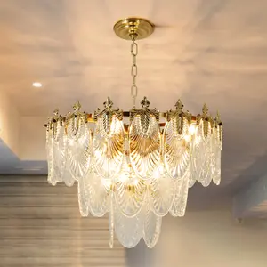 3-Layer Crystal Glass Chandelier, 9-Lights Round Pendant Light 23.6" Brushed Brass Gold Adjustable Height, Applicable to Dining Room, Bedroom, Living Room,