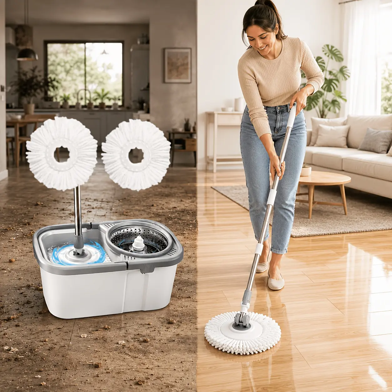 Dual Drive Hands-Free Spin Mop and Bucket Set, Turbo Wash & High-Speed Spin System, 360° Rotating Head Microfiber Mop for Hardwood, Tile Floors Home Cleaning