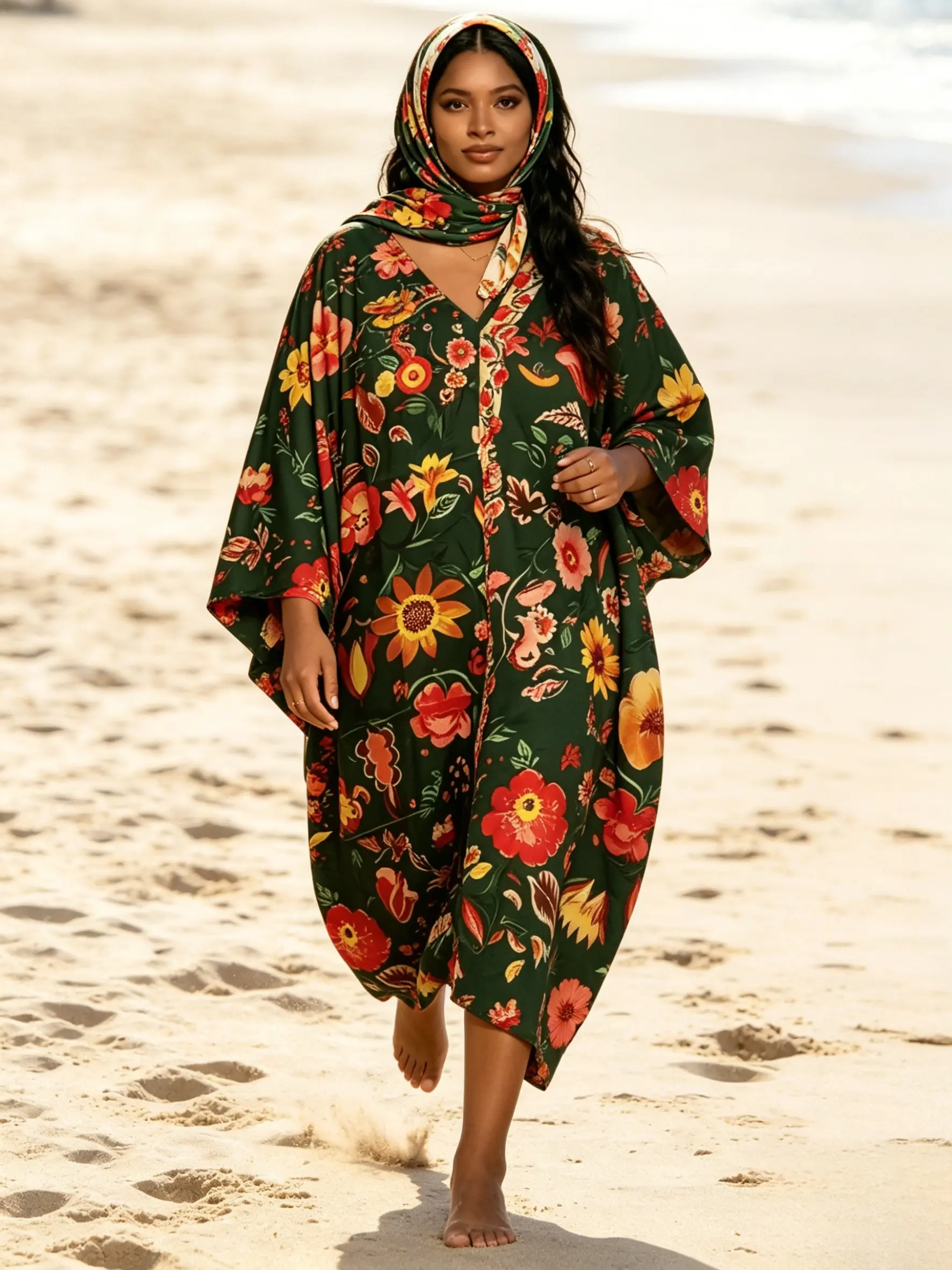 Women's Boho Belted Dress Set, Floral Print Kaftan with Headscarf, Loose-Fit Muslim Robe, Beach Cover-Up, Long Sleepwear