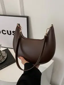 1pc Coffee Brown Crescent-Shaped PU Leather Shoulder Bag, Fashion Simple Solid Color Women Underarm Bag, Autumn/Winter