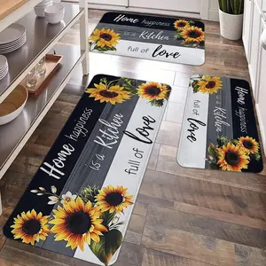 2/3pcs Sunflower Kitchen Anti slip Carpet Floor Mat Set, Retro Floor Printed Kitchen Anti fatigue Floor Mat, Soft and Comfortable Flannel Floor Mat, Suitable for Kitchen, Laundry Room, Bathroom, Living Room, Room Decoration Floor Mat