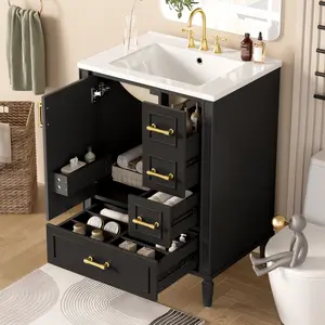 24" Modern Bathroom Vanity with Ceramic Sink, Soft-Close Door, 3 Drawers, Gold Handles, and Door-Mounted Rack for Space-Saving Storage