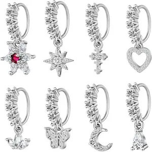 Women’s Dangle Hoops for Septum Piercings, Cartilage Earrings, and Lip Piercings — CZ Flower/Leaf/Star/Butterfly Designs; Available in Silver, Gold, and Rose Gold
