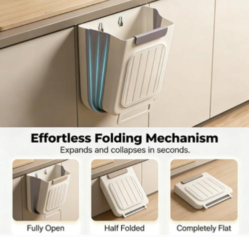 Foldable Kitchen Trash Can – Space-Saving Hanging Garbage Organizer, 1 Count, White/Gray, 27.5x25x4cm, Durable PP Material, Easy Install, Versatile Use for Home & Travel