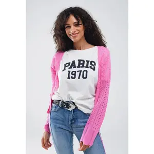 Pink Cardigan with Argyle Print and Tie Closing