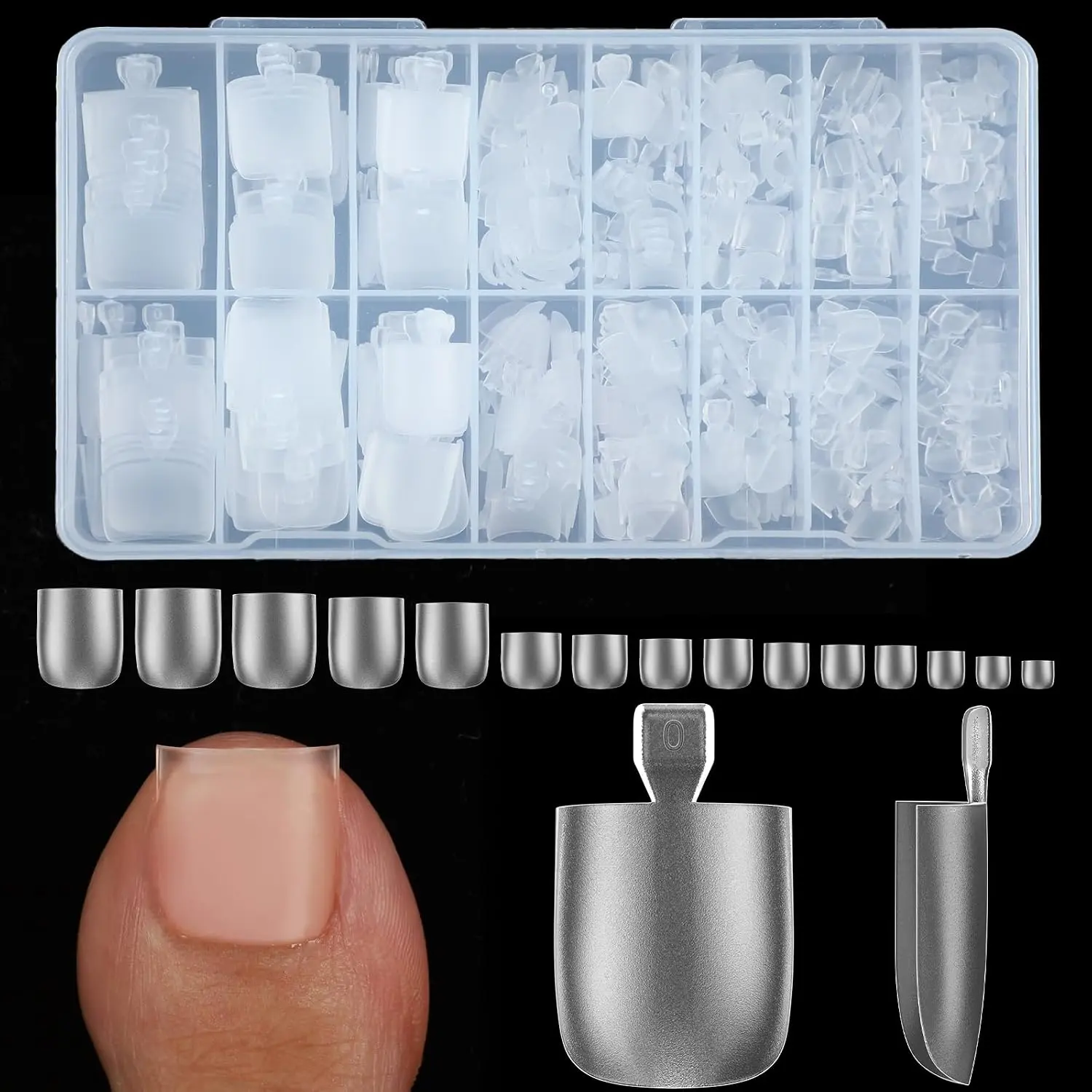 300 Pcs Gel X Full Cover Square Toe Nail Tips, 15 Sizes Extra Wide Large Matte Clear No-file Needed Artificial Toenails for DIY Nail Art