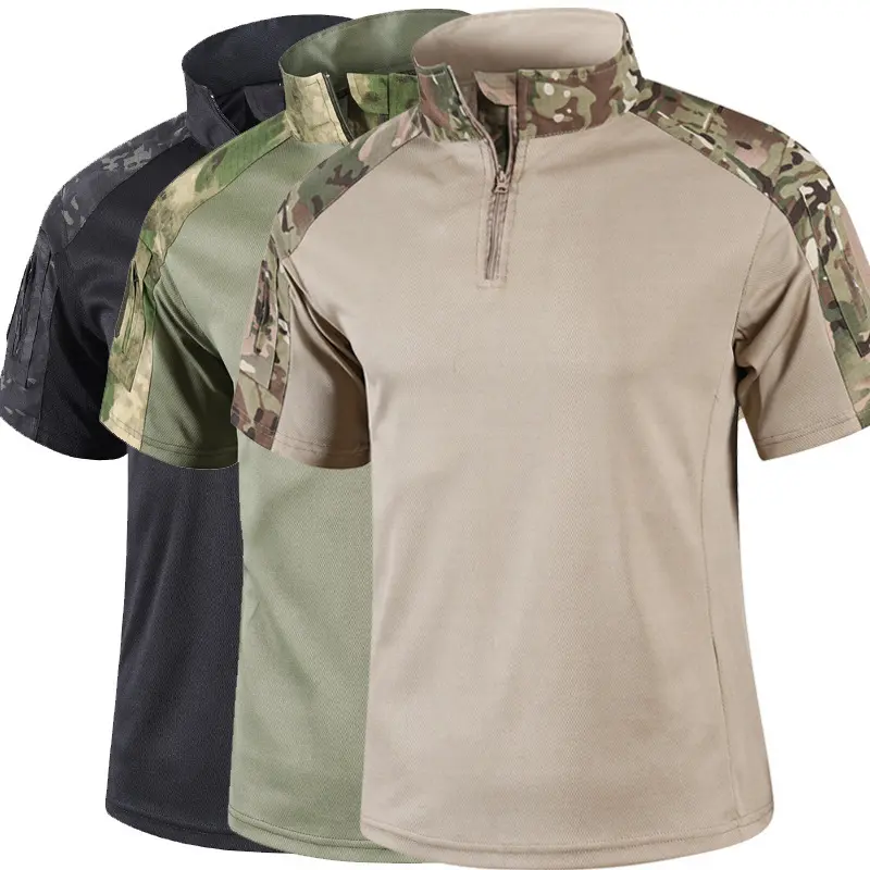 Men’s tactical T-shirt, stretchy zip stand collar short-sleeve top, quick-dry breathable camouflage patchwork shirt, suitable for hiking, camping, shooting, and outdoor activities