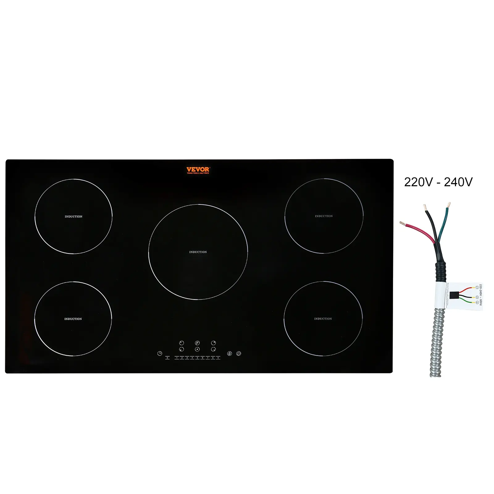 【BackToSchool】VEVOR 36-in 5-Burner Built-in Portable Combo Induction Hob - 9200W Kitchen Appliance, 9 Heating Levels, LED Display, Child Lock, Over-Temperature Protection, Timer, Cast Iron/Stainless Steel Compatible, Father's Day Gift Option, Kitchen Appl