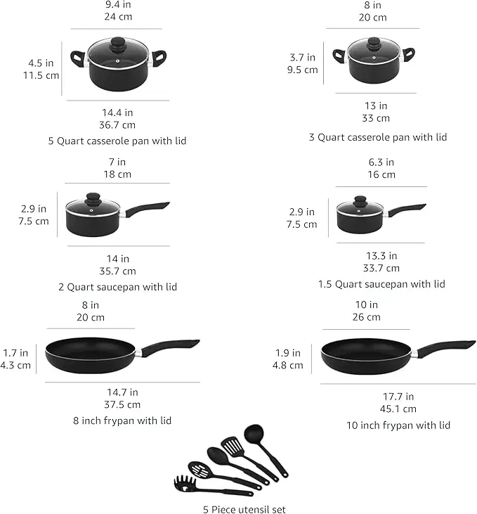 15-piece non-stick cookware set, including pot, frying pan, and cutlery, black.