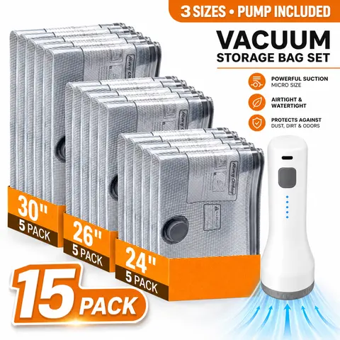 15 Pack Vacuum Storage Bags for Travel with Cordless Electric Pump, Reusable Space Saver Compression Bags for Clothes & Luggage, 3 Sizes, Cruise Packing & Holiday Travel Essentials