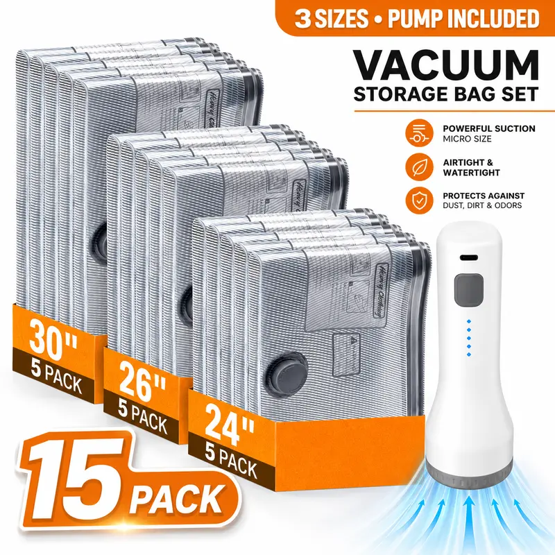 15 Pack Vacuum Storage Bags for Travel with Cordless Electric Pump, Reusable Space Saver Compression Bags for Clothes & Luggage, 3 Sizes, Cruise Packing & Holiday Travel Essentials