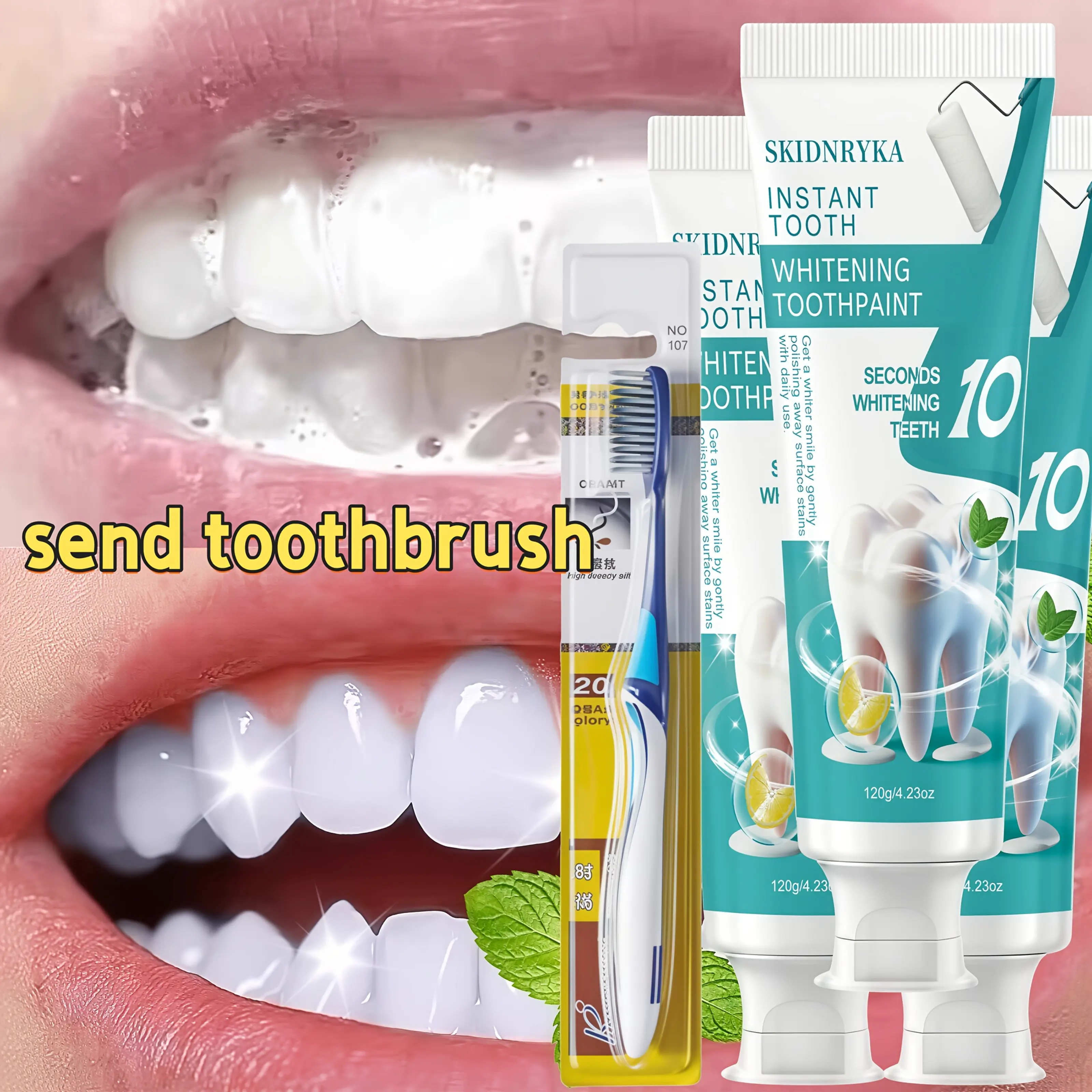 SKIDNRYKA Hydroxyapatite Whitening Toothpaste (with toothbrush) — Travel Size, Deep Cleaning, Fresh Mint Scent, Gentle Gum Care, Showcases a Sparkling Smile, Ideal Oral Care Gift for Adults, For Daily Use, Hydroxyapatite Toothpaste