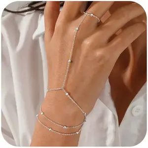Multilayer Vintage Thin Chain Connected Finger Ring Bracelets for Women Cross Beads Link Chain Bangles Party Minimalist Jewelry