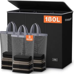 SOLEDI 180L Laundry Hamper 3 Section, Extra Large Laundry Hamper with Lid, Dirty Clothes Hamper with Sturdy Handle, Large Laundry Basket Organizer for Laundry Room, Bedroom, Hampers for Laundry Springtok small room organization products