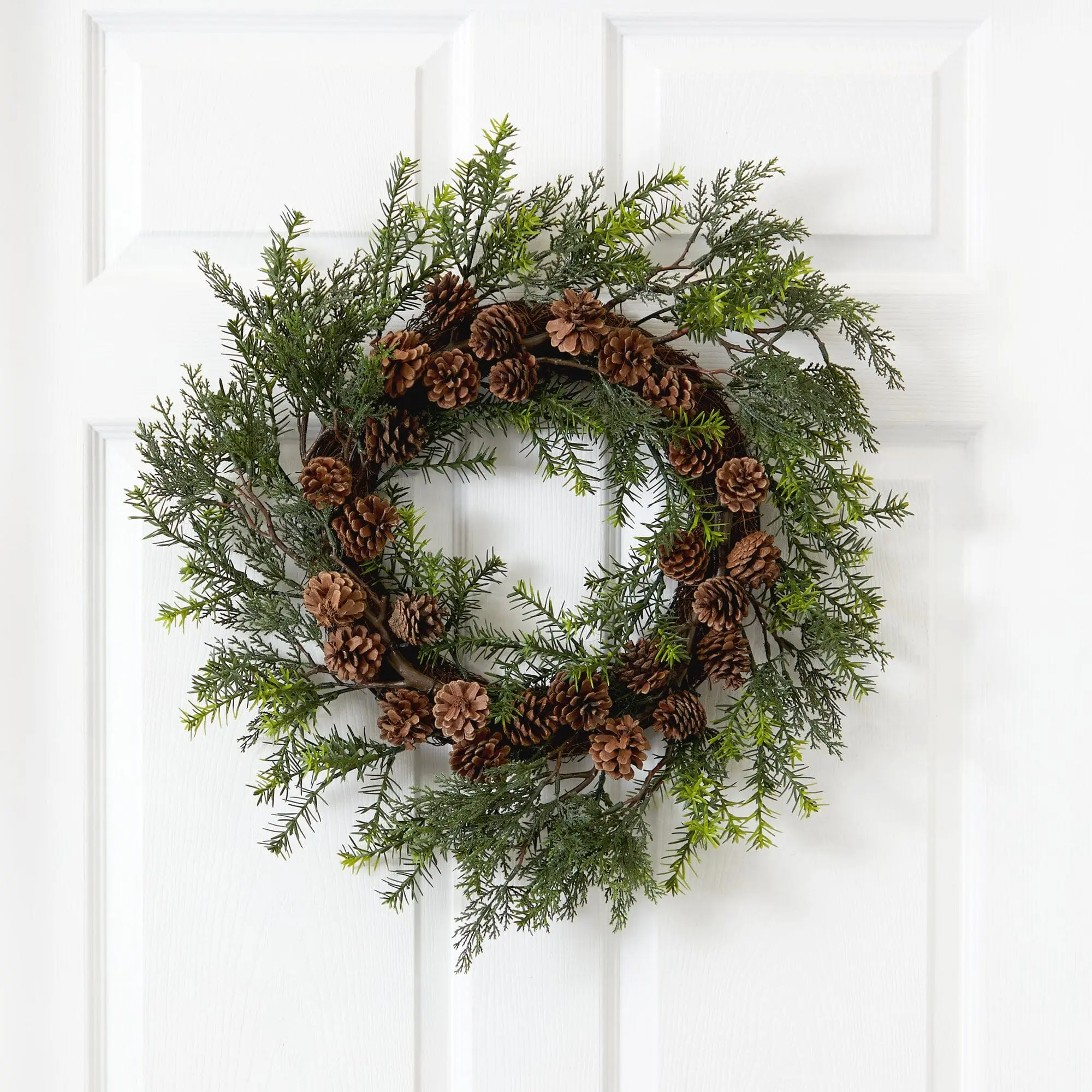22in Synthetic Cedar Blend Wreath with Grass & Pinecone Accents - UV Resistant Hanging Decoration, Natural Look Front Door Decor for Indoor/Outdoor Use, Artificial Wreath