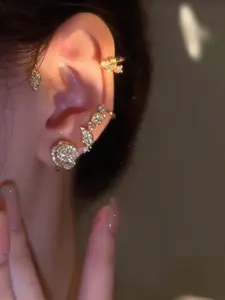 Rhinestone Rose Flower Leaf Earrings, Unique Women's Party Jewelry, Sparkling Rhinestone Leaf Ear Cuffs, Elegant Evening Accessories, Elegant Minimalist Earrings